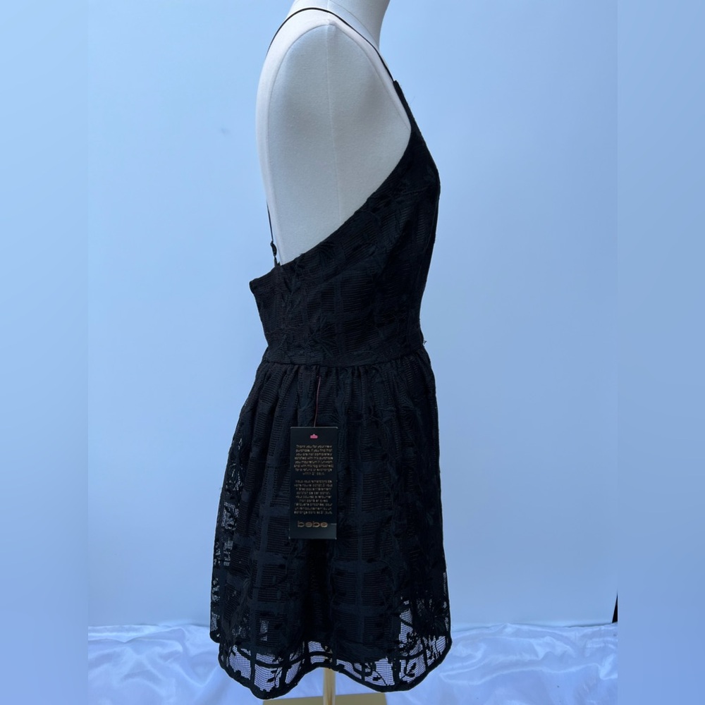 BEBE Black Embroidered Mesh Fit & Flare Mini Dress – Crisscross Back – Size 6 - Picture 7 of 16